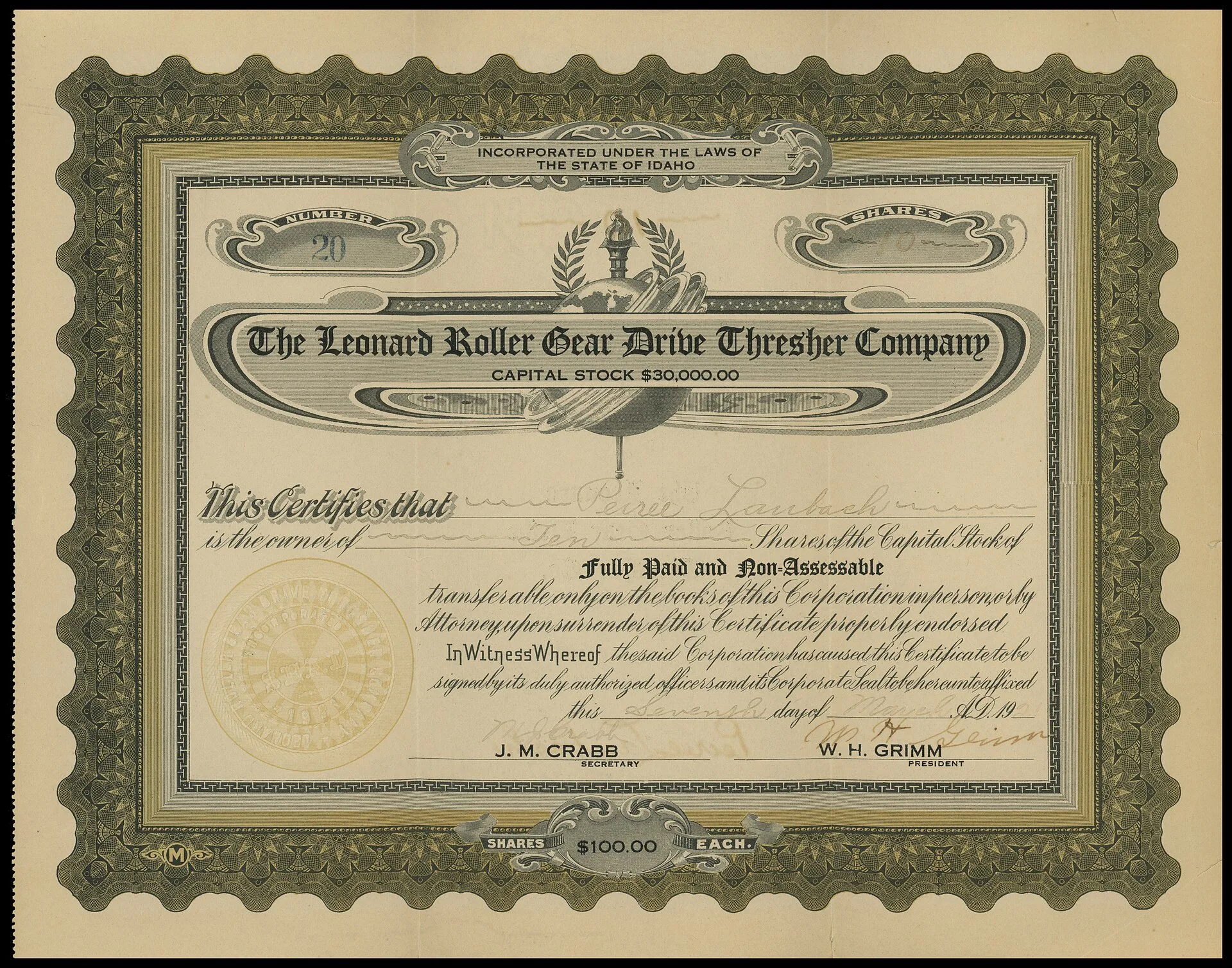The Leonard Roller Gear Drive Thresher Company Lewiston, Nez Perce County, Idaho Date: 1921 Source Type: Stock Certificate Publisher, Printer, Photographer: M (?) Postmark: Not Applicable Collection: Steven R. Shook Remark: The Leonard Roller Gear Drive Thresher Company of Lewiston, Nez Perce County. Business name search timeline: the record after a rename