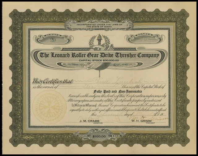 The Leonard Roller Gear Drive Thresher Company Lewiston, Nez Perce County, Idaho Date: 1921 Source Type: Stock Certificate Publisher, Printer, Photographer: M (?) Postmark: Not Applicable Collection: Steven R. Shook Remark: The Leonard Roller Gear Drive Thresher Company of Lewiston, Nez Perce County. Business name search timeline: the record after a rename
