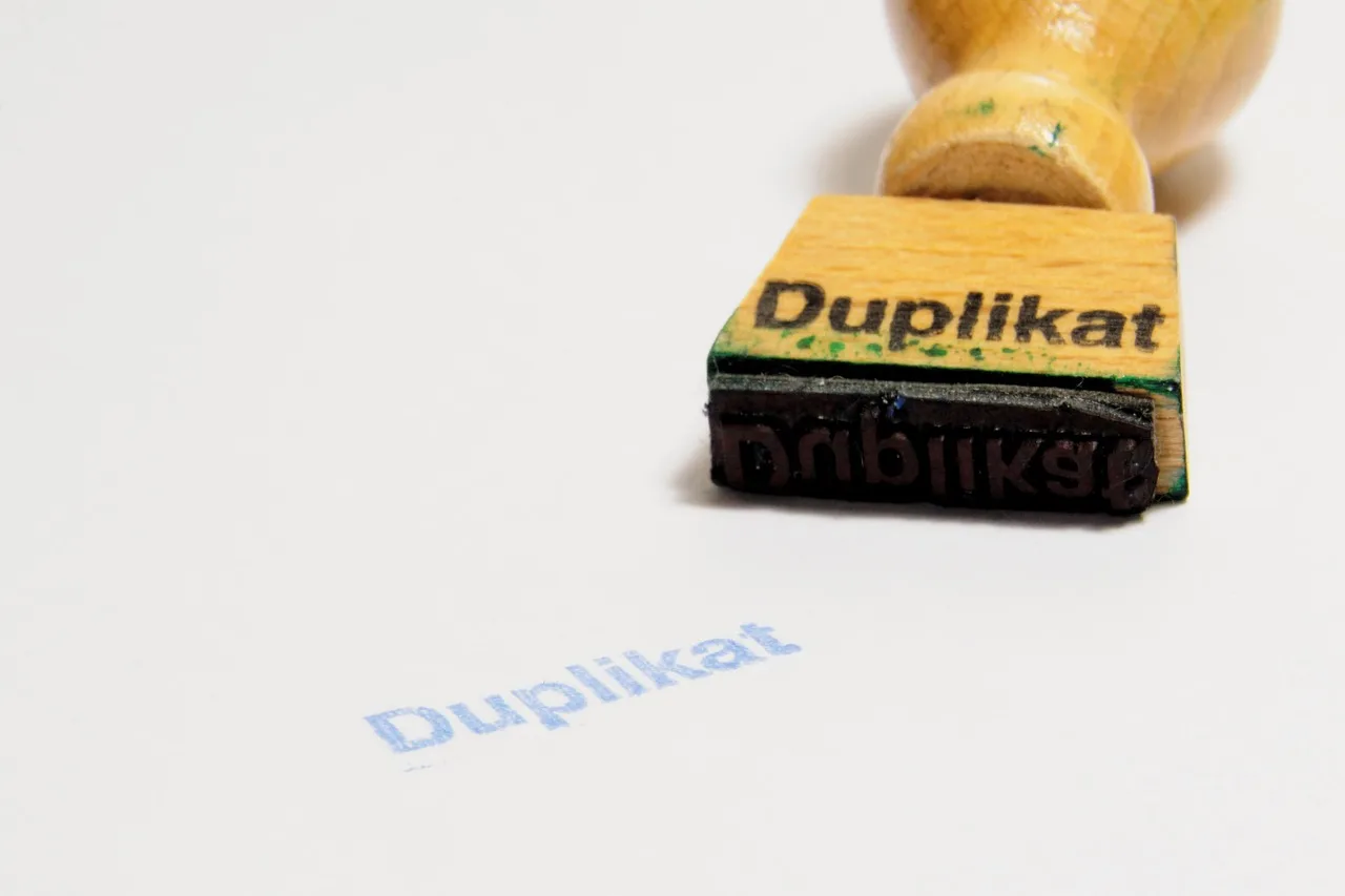 rubber stamp, wooden stamp, duplicate, office, paper, duplicate, duplicate, duplicate, duplicate, duplicate. Three different dates sit on every filing history row, and none agree